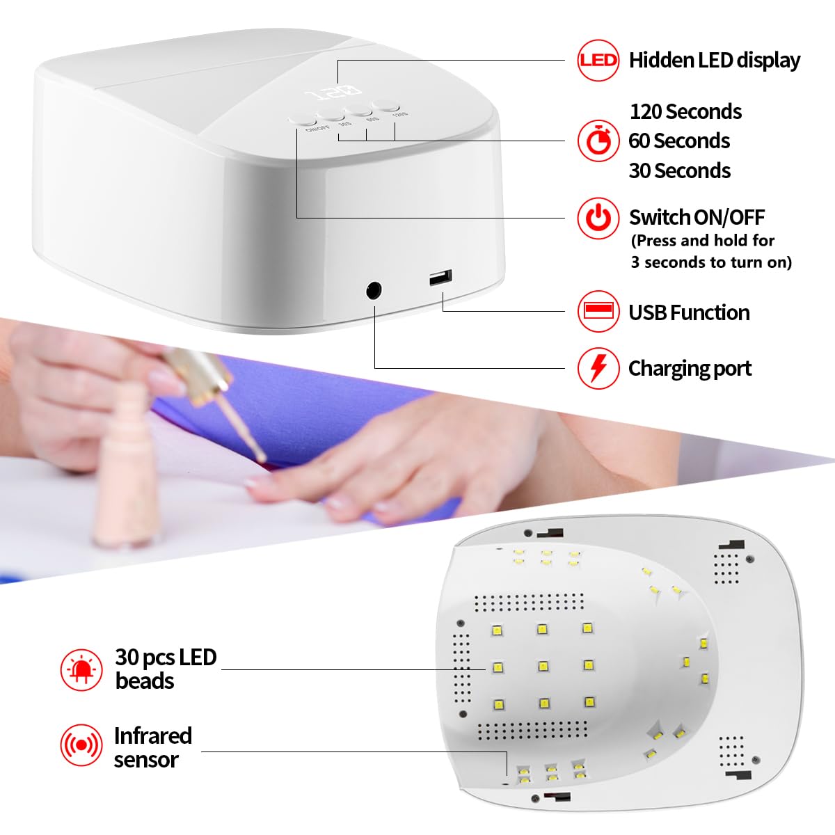 Cordless 60W Rechargeable UV Light LED Nail Lamp for Nail Dryer with USB Port for for Gel Nail Polish