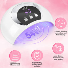 54W LED Lamp for Gel Nails - Automatic Sensor, 3 Timer Settings - Professional Nail Dryer and Curing Lamp