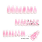 24Pcs Stick On Gel Nails, The Best Press On Nails with 3D Heart, Pearl Star Nail Charms Design Long Lasting Press On Nails for Women