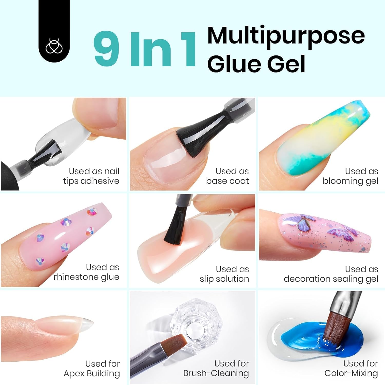 9 In 1 Nail Glue with New Formula, 0.5 Fl Oz Super Strong Brush in Nail Gel Glue for False Nails Tips