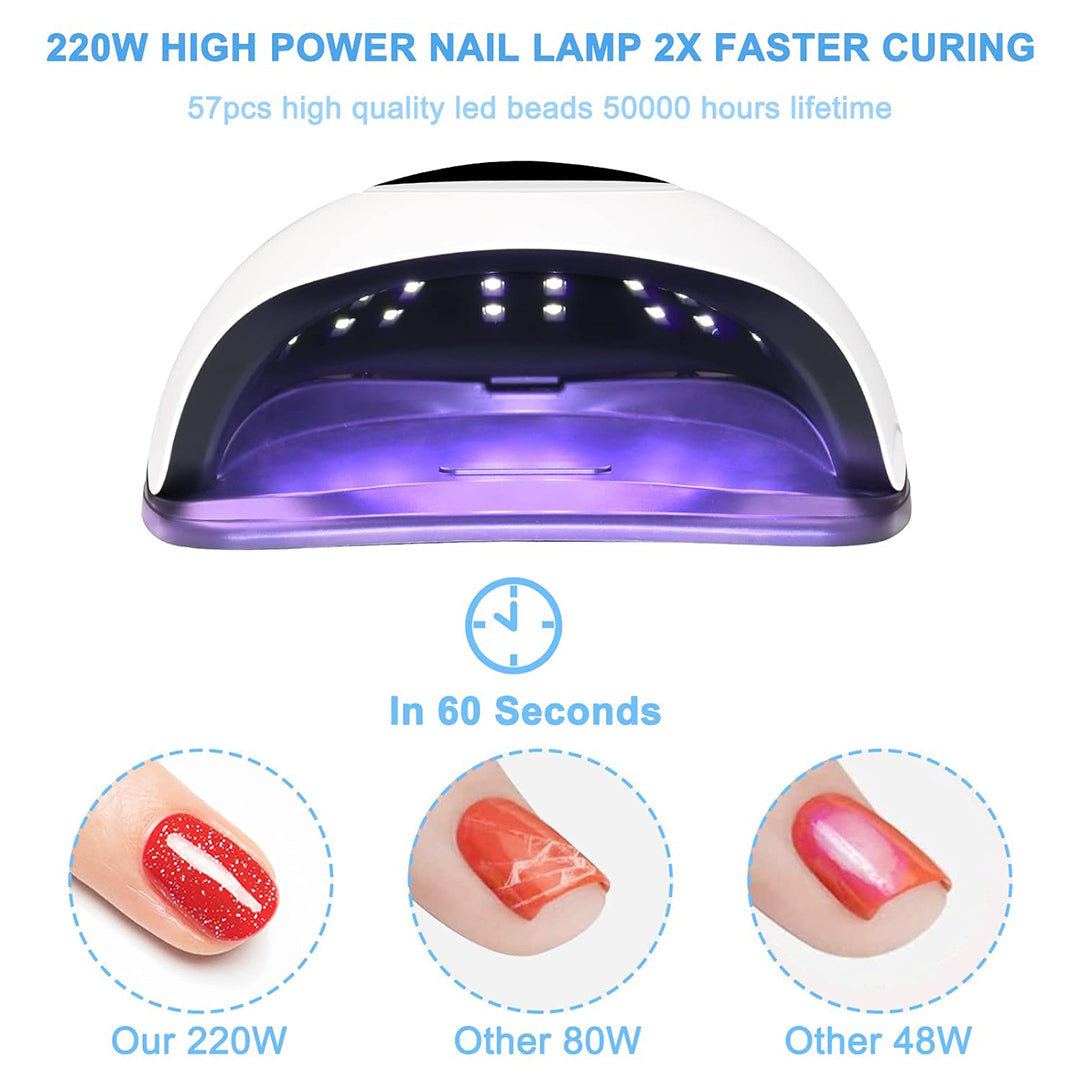 LED Nail Lamp 220W with 57pcs Lamp Beads 4 Timers Professional UV Light for Home Salon Nail Art Tools White