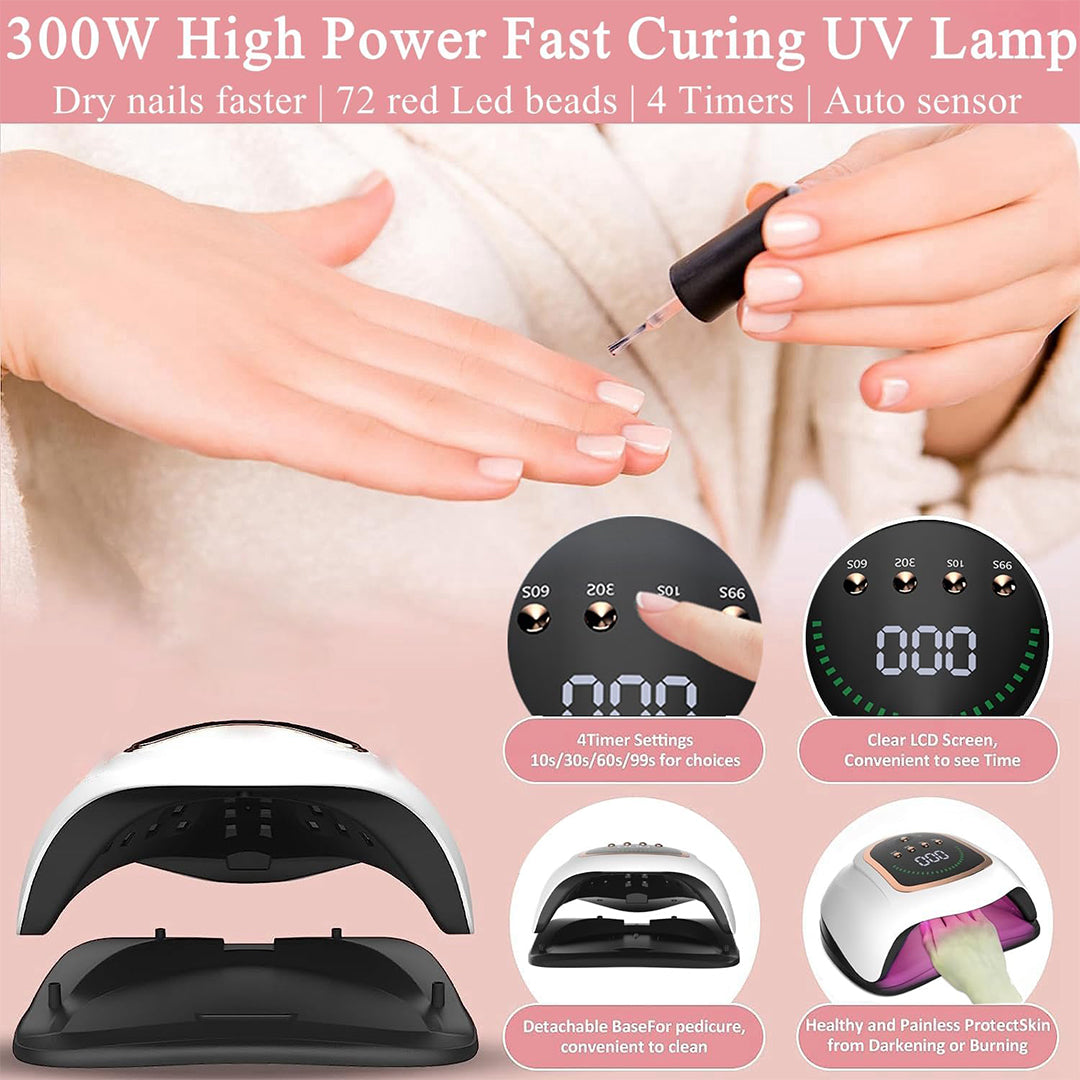 Manicure Table Lamp 300W, Best At Home Gel Nail Lamp with 72 Beads, Nail Table Light with 4 Timers Setting