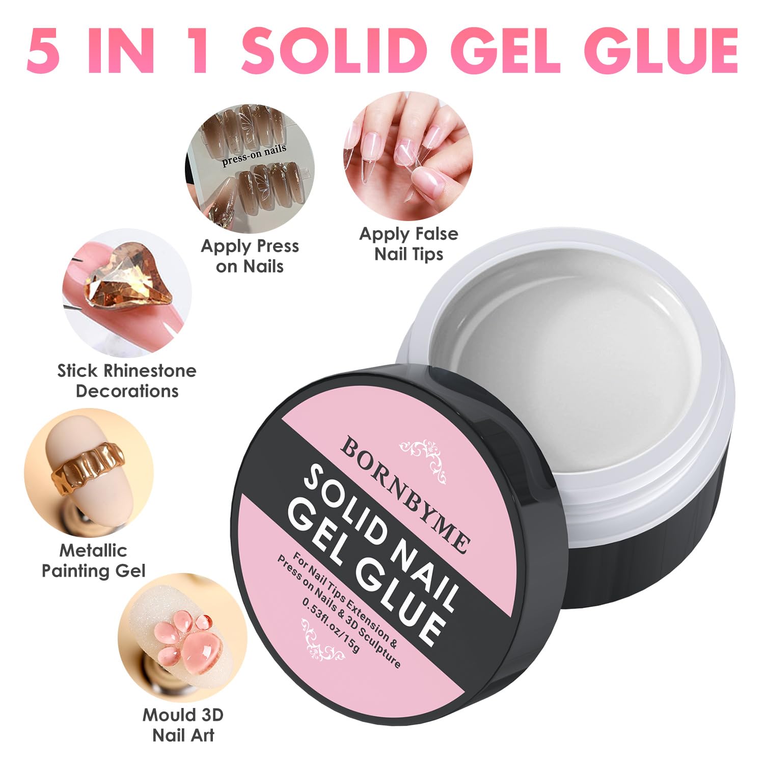 Nail Tips Glue Gel 5 in 1 for Acrylic Nail, Gel Extension Glue for Press on Nails, Solid Nail Tips Glue