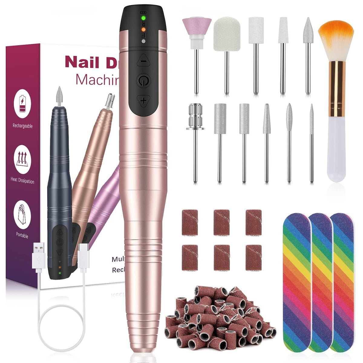 Cordless Nail Drill Cuticle Nail Bit, 11 in 1 Rechargeable Electric Nail Drill Kit Salon Nail Drill, Professional Nail Kit With Drill