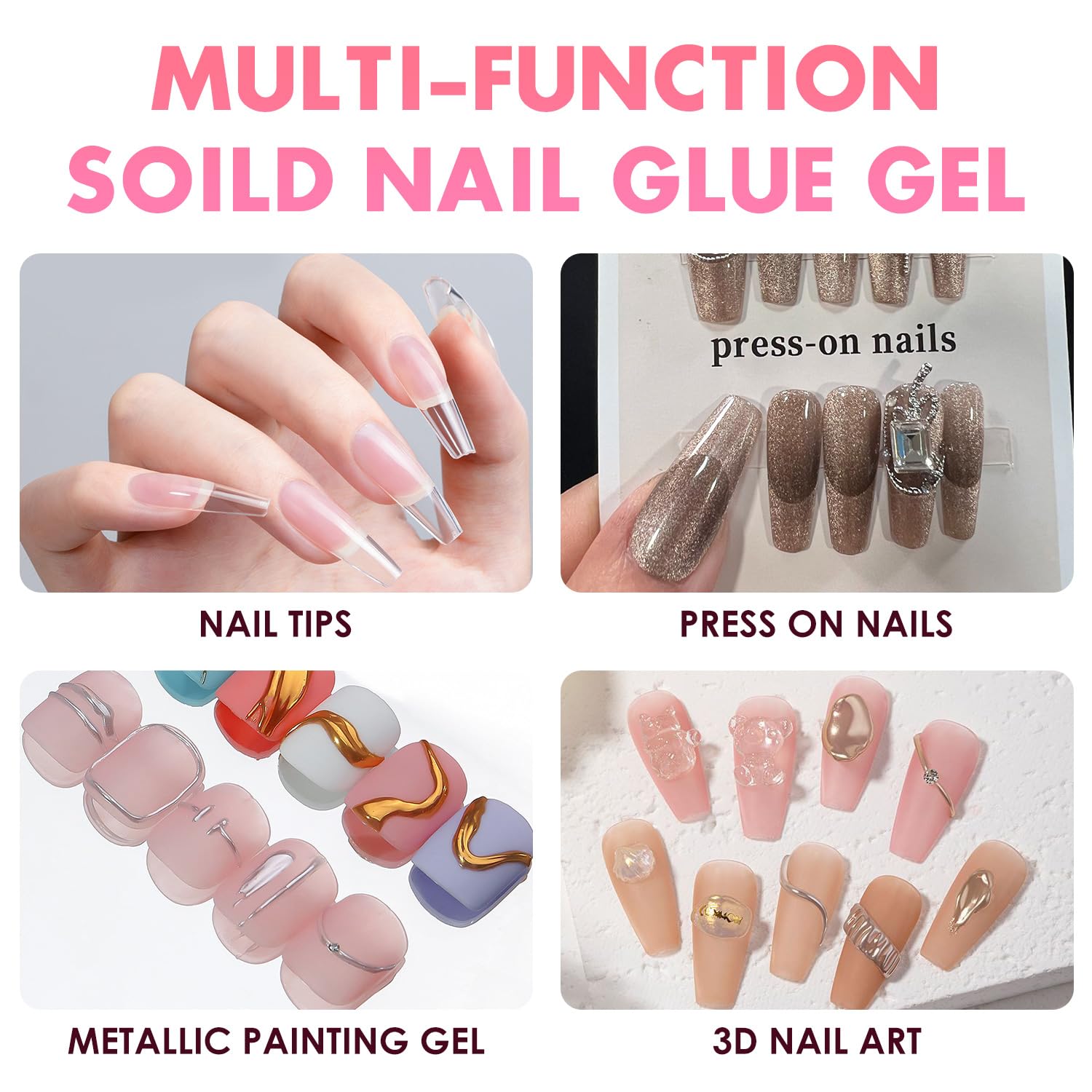 Nail Tips Glue Gel 5 in 1 for Acrylic Nail, Gel Extension Glue for Press on Nails, Solid Nail Tips Glue