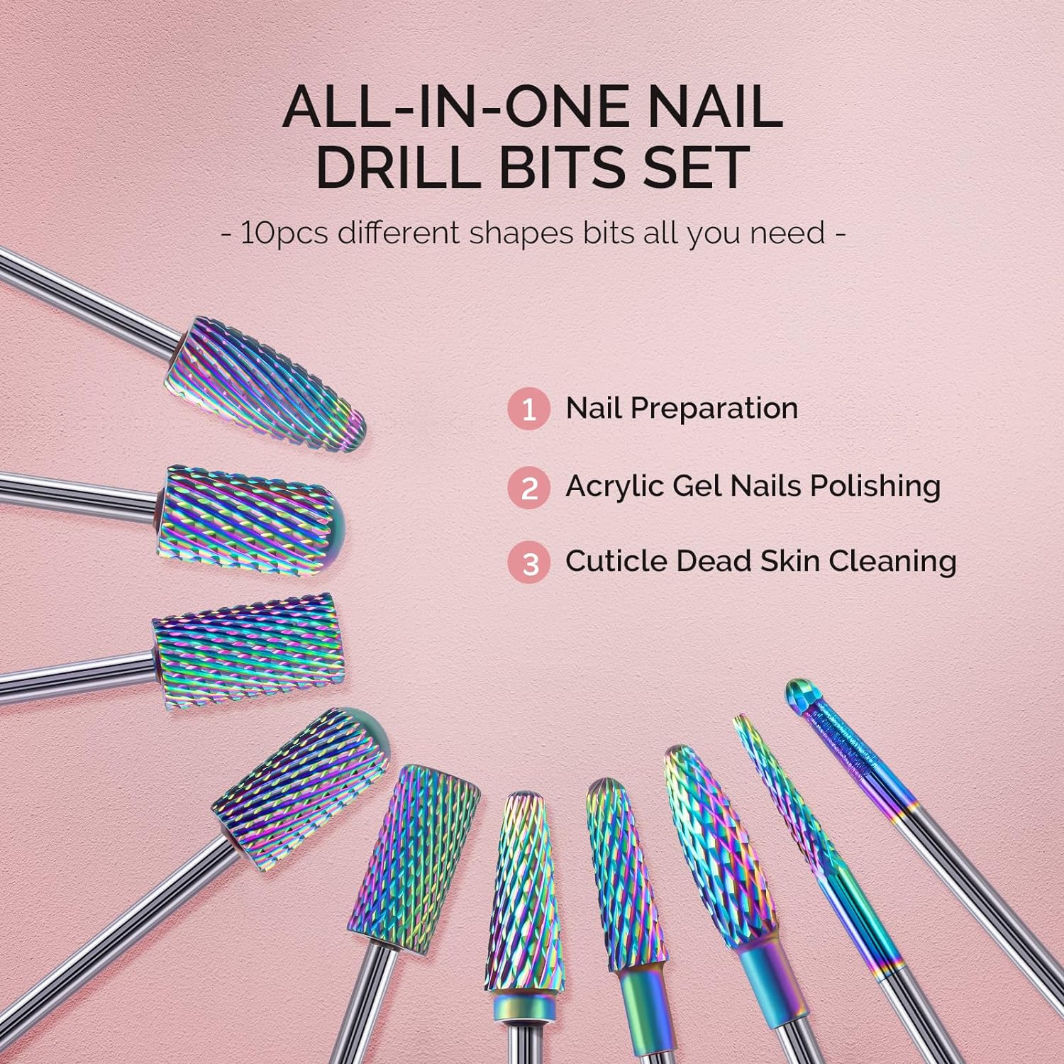 Kit Nail Drill 10pcs Tungsten Carbide Nail Bits for Nail Drill E-file, 3/32 inch Bits Manicure Pedicure Remover Tools