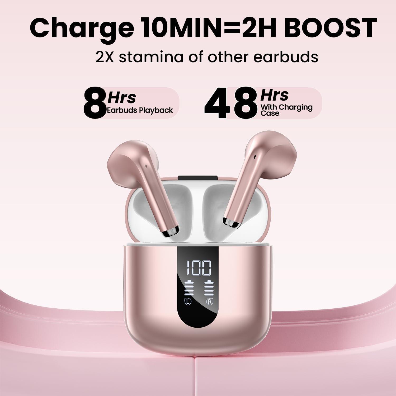 Lightweight Bluetooth Earbuds, 48H Playtime & Deep Bass-Rose Gold Color