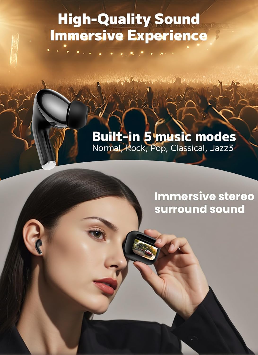 Noise Cancelling Wireless Earbuds for iPhone Android, Bass Sound & 48H Case